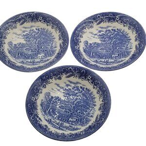 Lot Of 3 Churchill England Soup Bowls 7.75” Farm Scene Horse Oxen Blue Floral